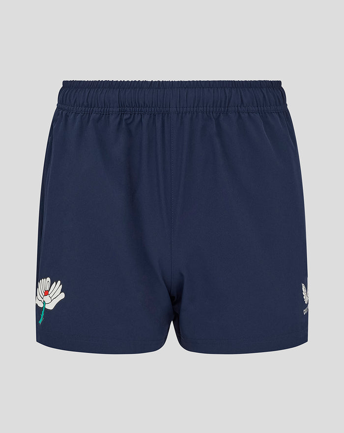 Navy woven training shorts with zip pockets and a white flower motif on the left leg