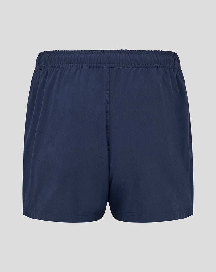 Back view of navy Yorkshire woven training shorts with an elastic waistband and zip pocket.