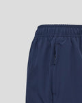 Side view of navy Yorkshire woven training shorts with a vertical zip pocket.