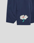 Navy Yorkshire woven training shorts with a white flower logo near the hem.