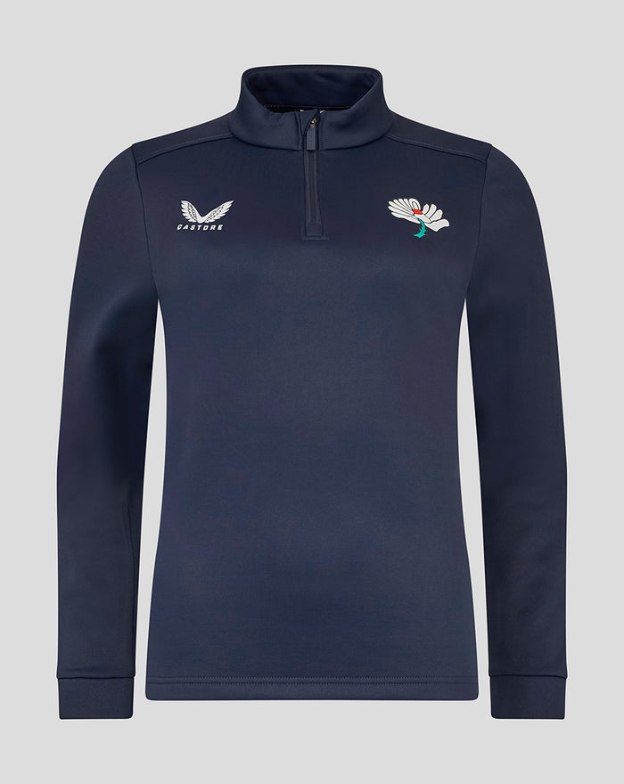 Front view of navy Yorkshire Fleece Brushback 1/4 Zip with Castore wing logo on left chest and crest on right