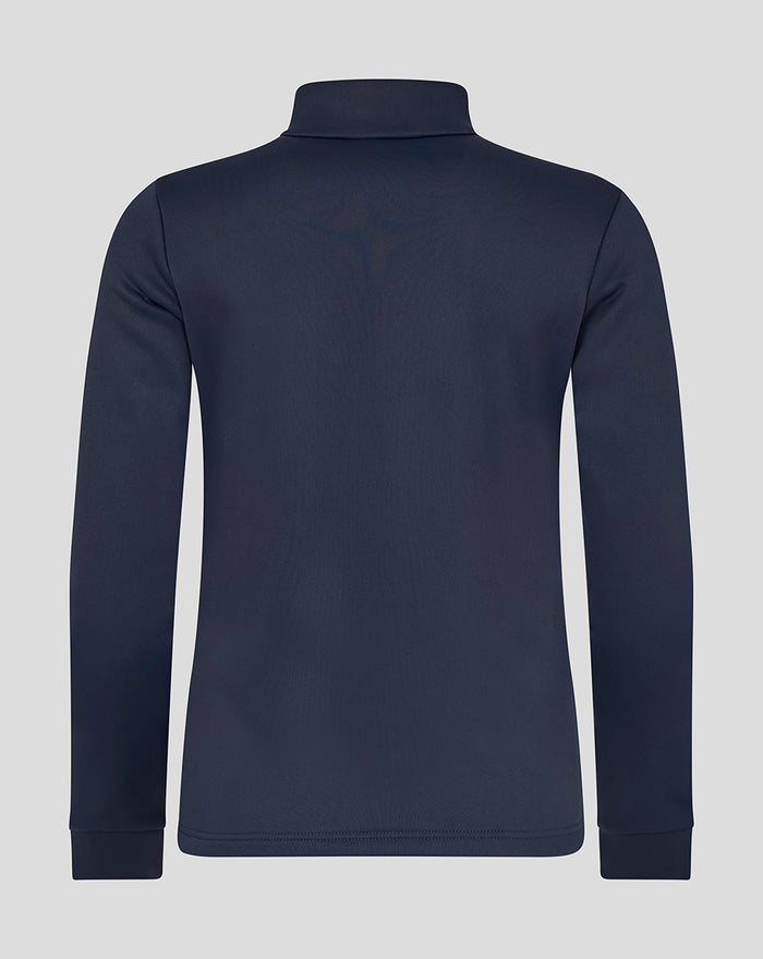 Back view of navy Yorkshire Fleece Brushback 1/4 Zip with clean silhouette and high collar