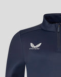 Close-up of shoulder and zip on navy Yorkshire Fleece Brushback 1/4 Zip with logo on chest