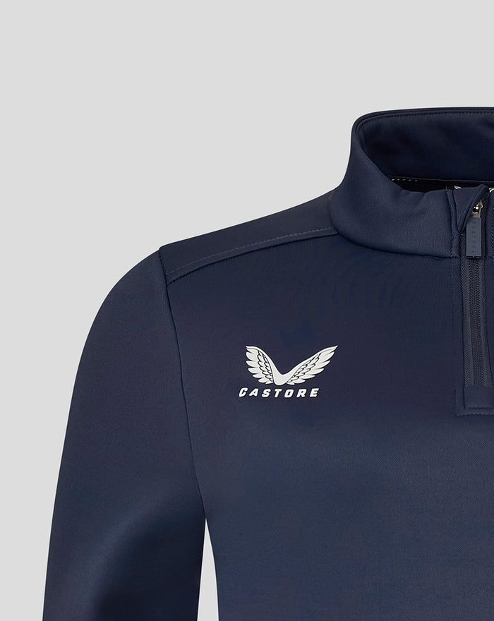 Close-up of shoulder and zip on navy Yorkshire Fleece Brushback 1/4 Zip with logo on chest