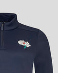 Navy fleece with quarter zip and white wing logo on the left chest.