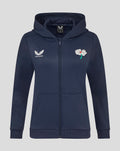 Navy zip through fleece hoodie with left chest wing logo and right chest white flower emblem.