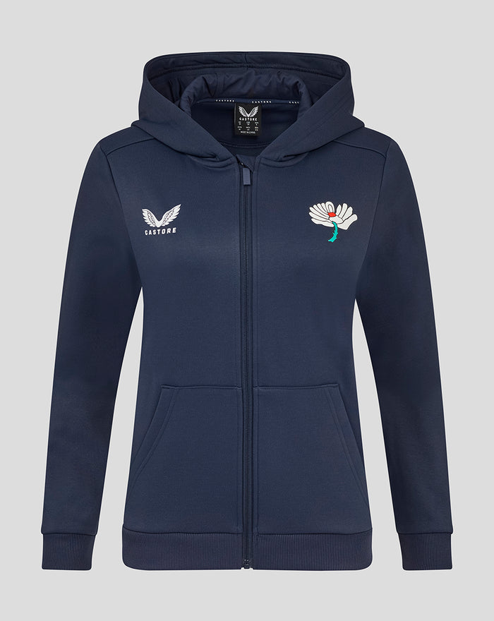 Navy zip through fleece hoodie with left chest wing logo and right chest white flower emblem.