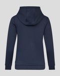 Back view of navy zip through fleece hoodie with hood and ribbed hem.