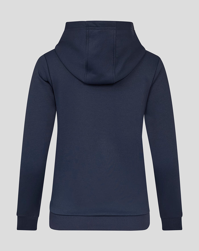 Back view of navy zip through fleece hoodie with hood and ribbed hem.
