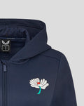 Close up of navy Yorkshire zip through hoodie showing inner Castore label and white wing logo on chest