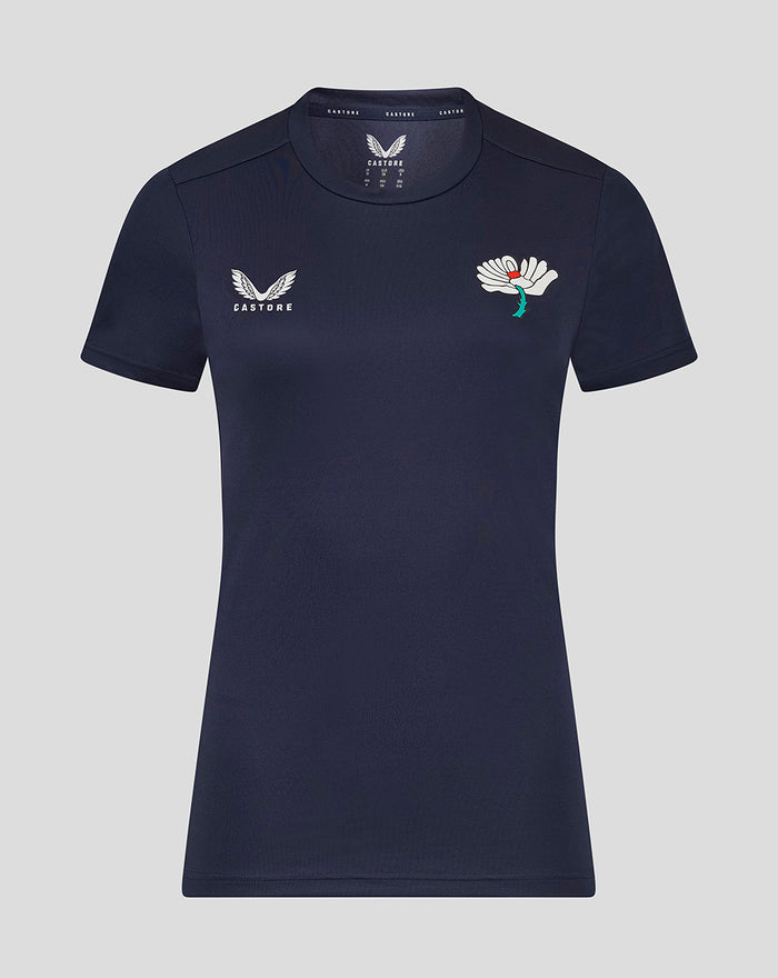 Navy Yorkshire short sleeve training tee with white Castore wing logo on left chest and colorful flower emblem on right chest
