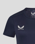 Close up of navy training tee chest area with white Castore logo and wing emblem