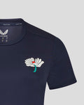 Navy Womens Yorkshire Short Sleeve Training Tee front with white flower emblem and green stem on left chest