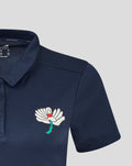 Navy Yorkshire polo short sleeve chest logo featuring a white wing badge with red center and teal stem