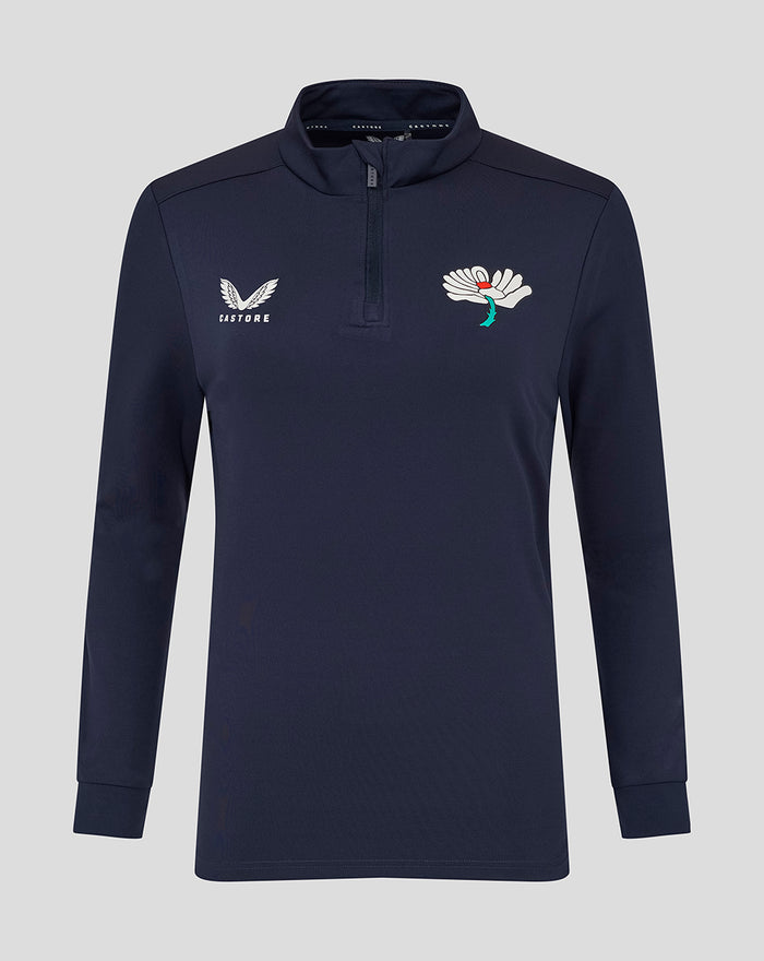 Front view of navy Yorkshire Performance 1 4 Zip long sleeve top with collar and two chest logos a small Castore emblem and a white wing badge