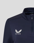 Close-up of navy Yorkshire Performance 1/4 Zip collar with zipper and inside Castore branding