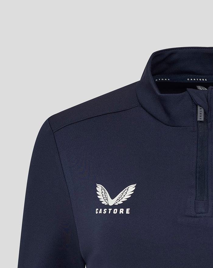 Close-up of navy Yorkshire Performance 1/4 Zip collar with zipper and inside Castore branding