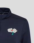 Close-up of white winged Castore logo on the chest of the navy Yorkshire Performance 1/4 Zip