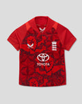 Front view of red ECB Infant 25/26 T20 Replica short sleeve shirt with team crest and Toyota sponsor