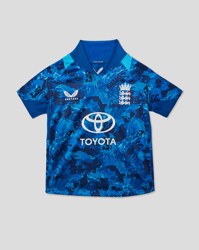 ECB Infant 25/26 Odi Replica short sleeve shirt in blue camouflage with Castore logo England crest and Toyota sponsor