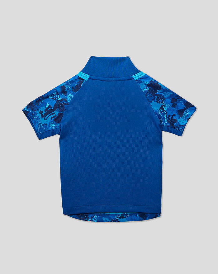 Back view of ECB Infant 25/26 Odi Replica short sleeve shirt in bright blue with camo sleeves