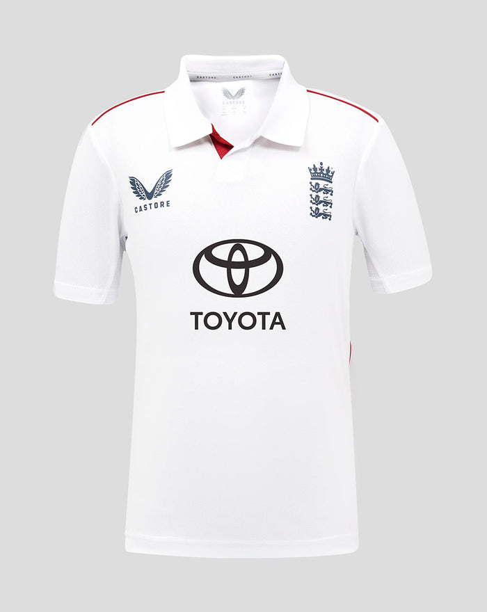 ECB Junior 25/26 Test Replica short sleeve shirt in white with red trim and Toyota logo