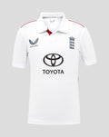 Front view of junior white short sleeve England Test shirt with team crest and Toyota sponsor.