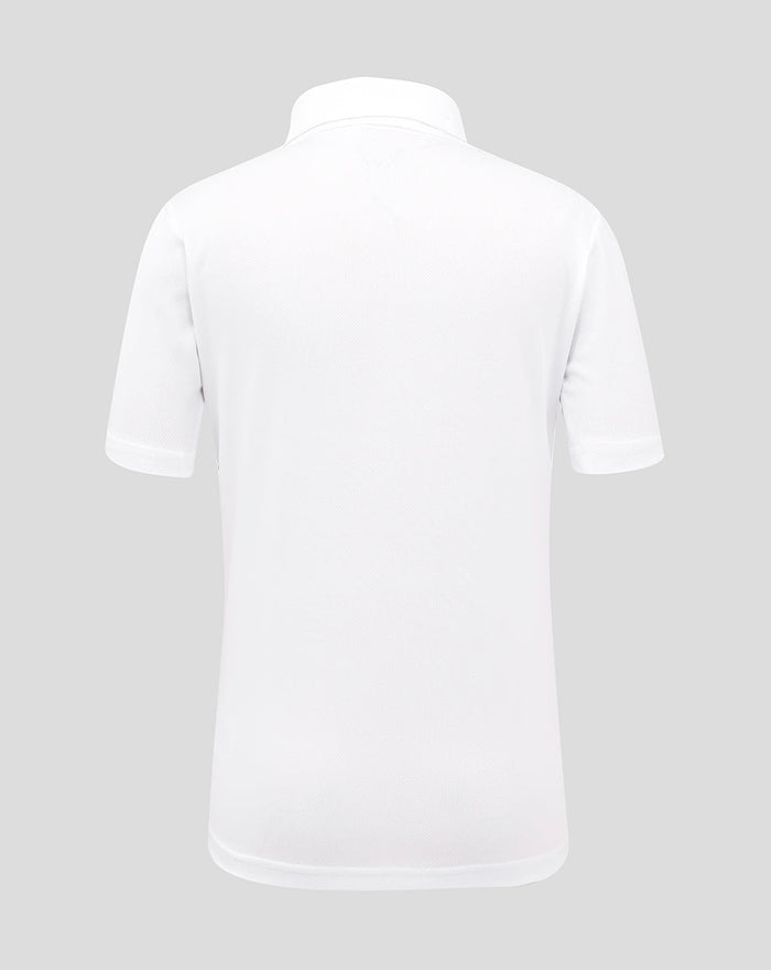 Back view of white England Test short sleeve cricket shirt with collar and clean minimal design