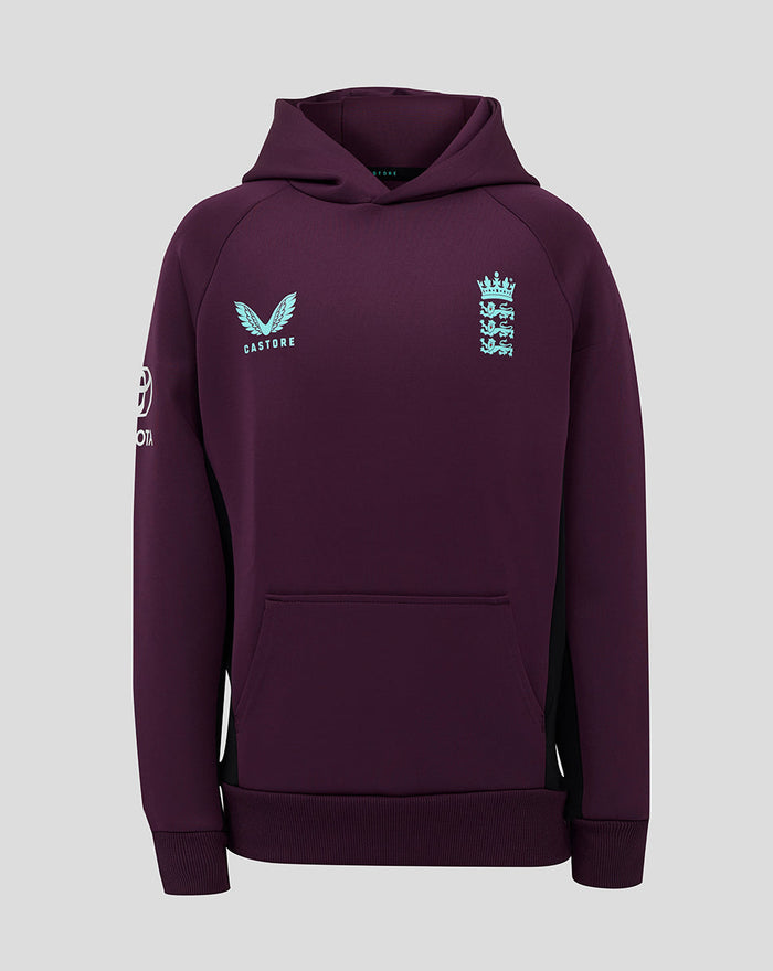 Front view of burgundy ECB Junior training hoody with light blue England crest on the chest
