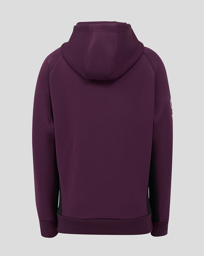Back view of burgundy ECB Junior training hoody with hood and black side panels
