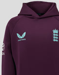 Chest area of the purple ECB Junior hoody showing a light blue Castore wing logo on the left and an England crest on the right.