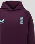 Upper chest view of the purple ECB Junior hoody with light blue Castore logo on the left and England crest on the right.
