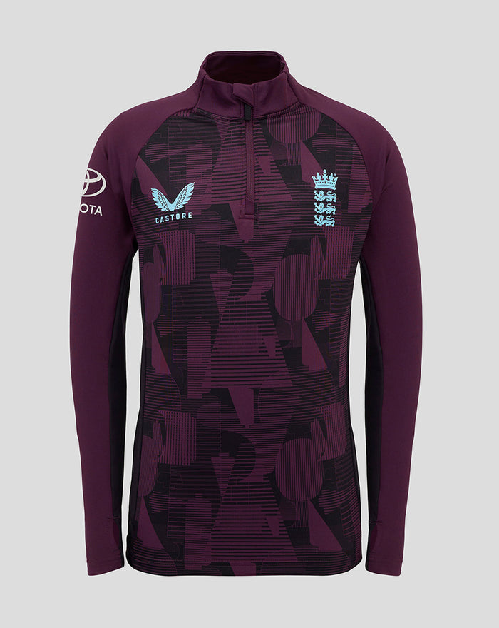 ECB Junior 25/26 quarter zip training top in deep purple with abstract pattern England crest on chest and black side panels.