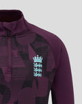 Front close-up of chest showing purple geometric print and light blue England crest on ECB Junior 25/26 1/4 Zip Training Top