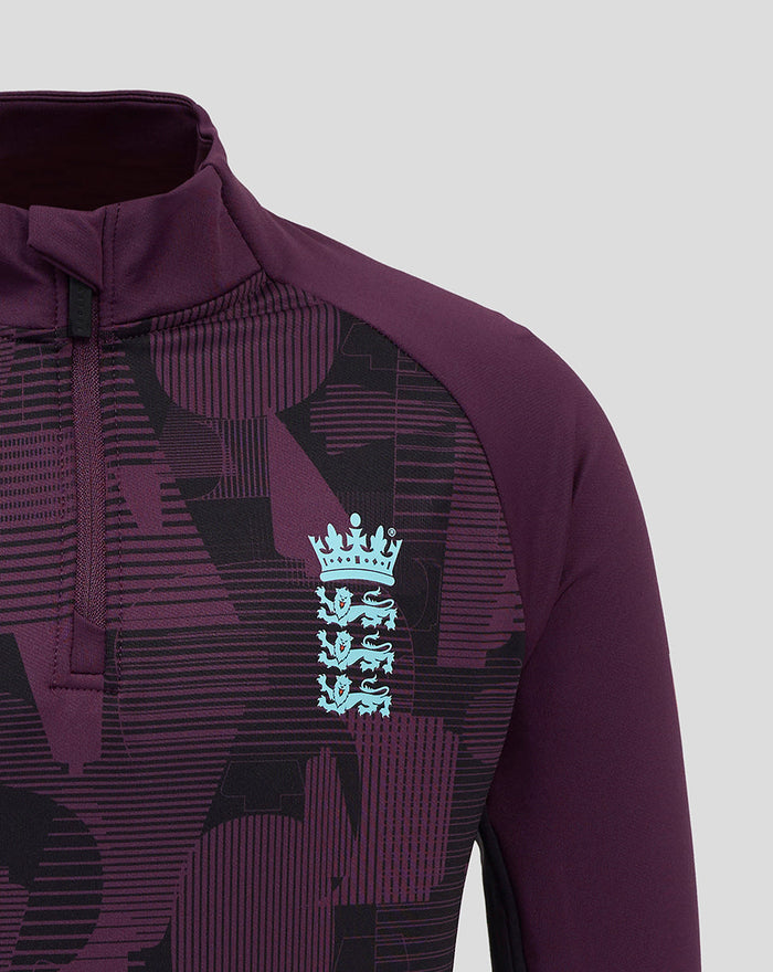 Front close-up of chest showing purple geometric print and light blue England crest on ECB Junior 25/26 1/4 Zip Training Top