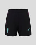 Black ECB Junior training shorts with purple side panels and light blue crest on the left leg