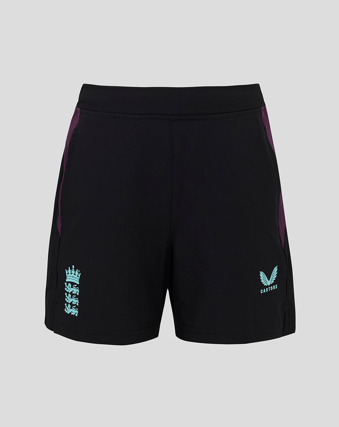 Black ECB Junior training shorts with purple side panels and light blue crest on the left leg