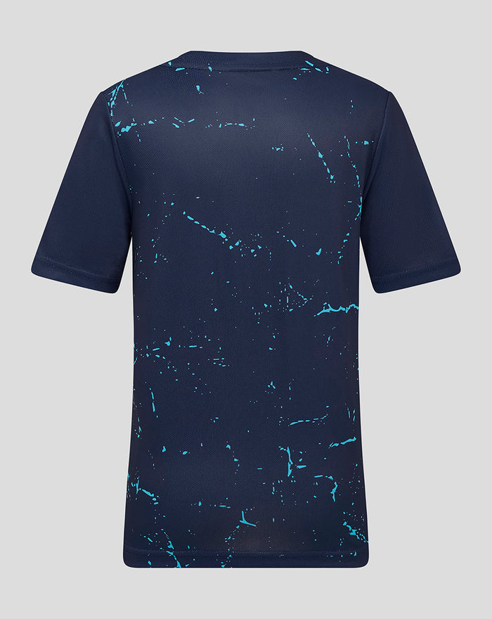 Back view of navy juniors Yorkshire Graphic Short Sleeve Training Jersey with turquoise splash pattern.
