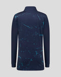 Back view of navy Yorkshire graphic 1/4 zip top with aqua splatter pattern