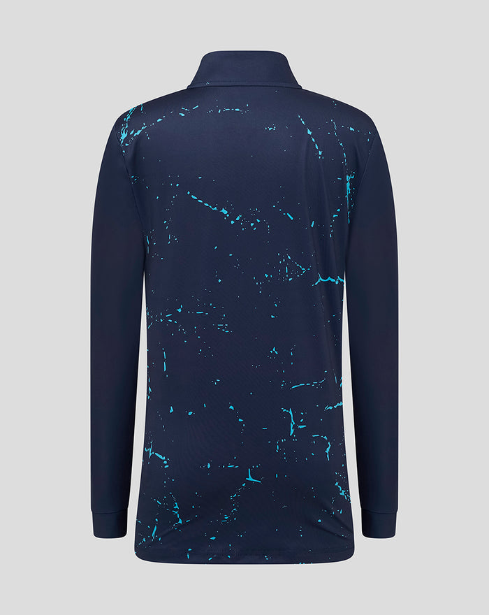 Back view of navy Yorkshire graphic 1/4 zip top with aqua splatter pattern