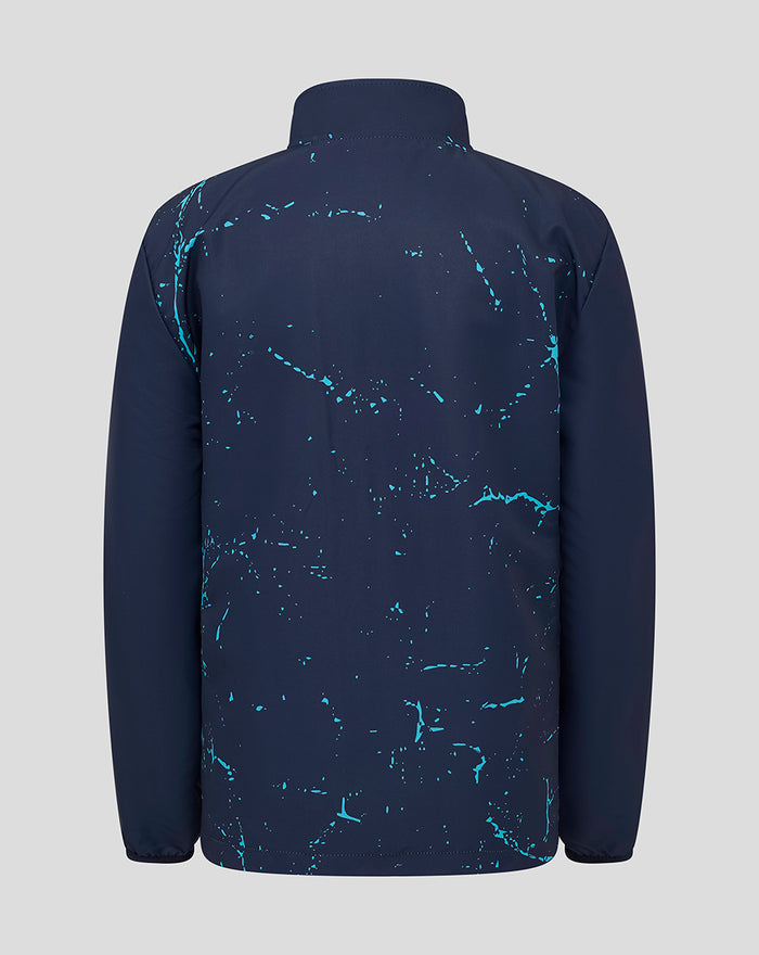 Back view of navy Juniors Yorkshire Graphic Track Jacket with turquoise paint splatter pattern