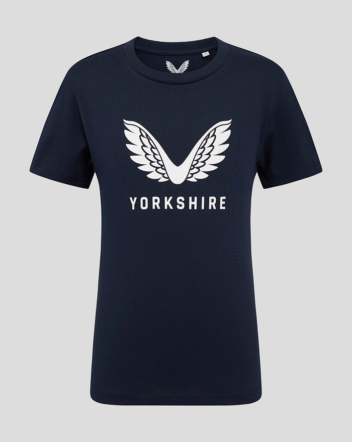 Navy juniors Yorkshire tee with large white wing logo and YORKSHIRE text on the chest
