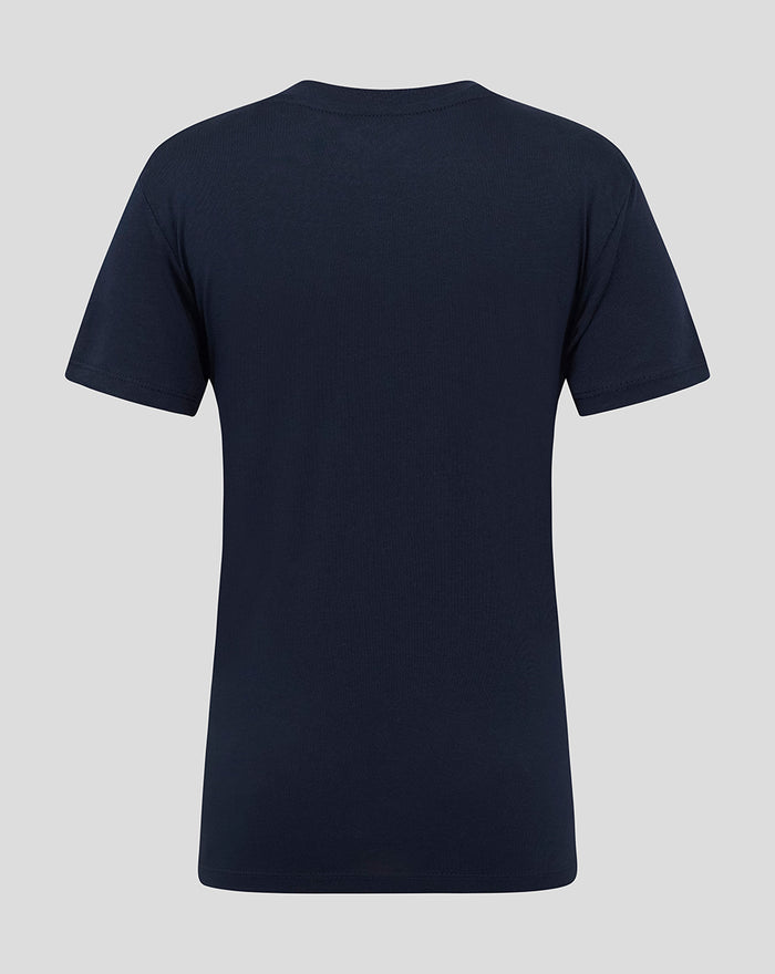 Back view of navy Yorkshire tee showing a plain back with subtle neckline tag