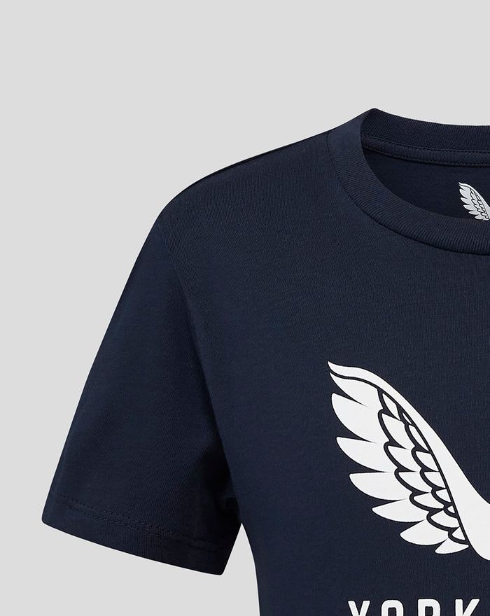 Close up of navy Yorkshire tee displaying a large white wing graphic on the chest area