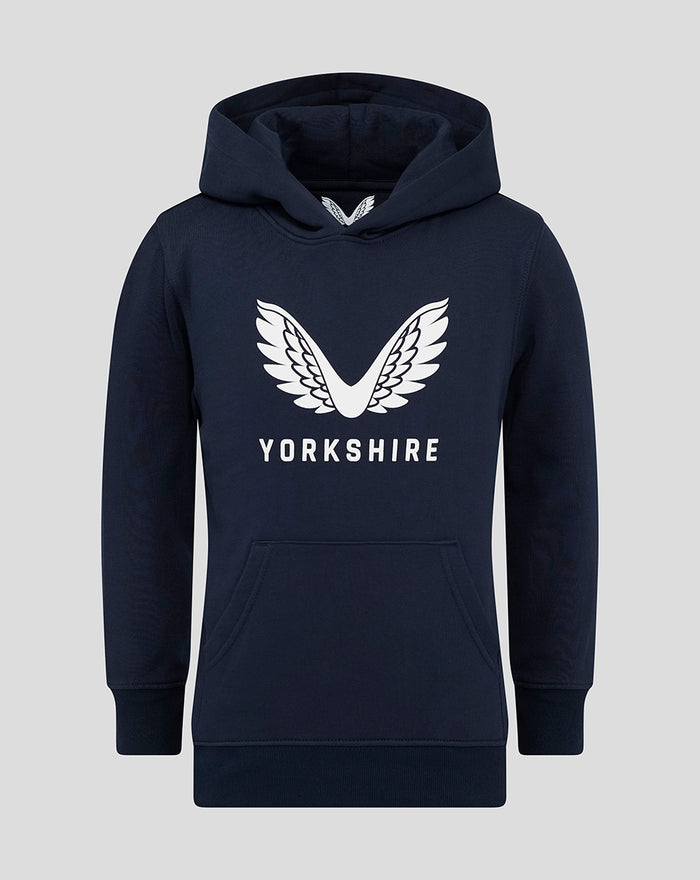 Navy juniors Yorkshire hoodie with large white wing logo and YORKSHIRE lettering on the front
