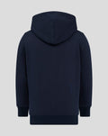 Back view of a navy Yorkshire hoodie with the hood up and ribbed cuffs