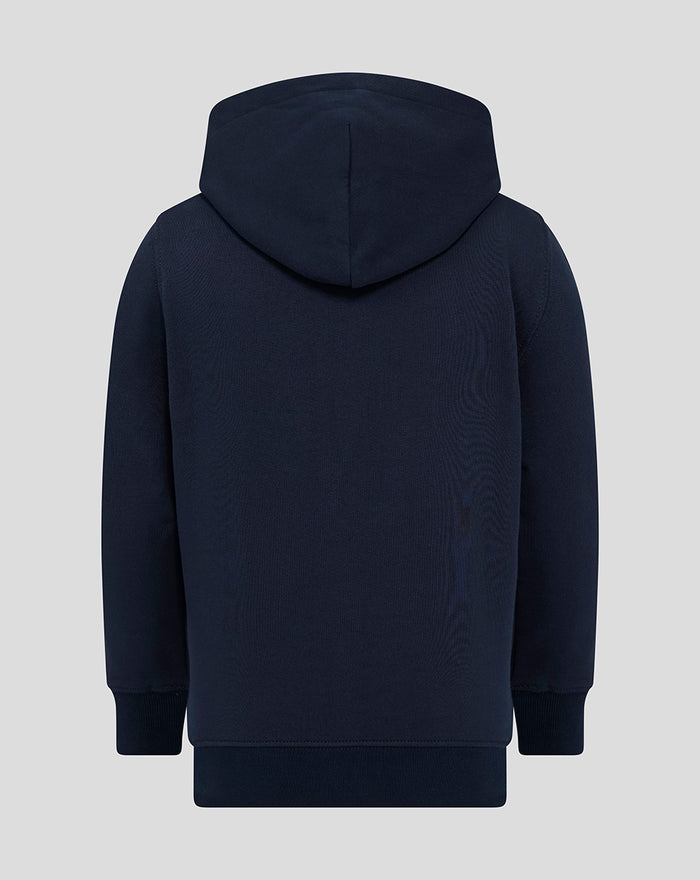 Back view of a navy Yorkshire hoodie with the hood up and ribbed cuffs