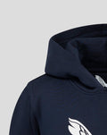 Navy hoodie with folded hood and a white Castore wing logo on the front