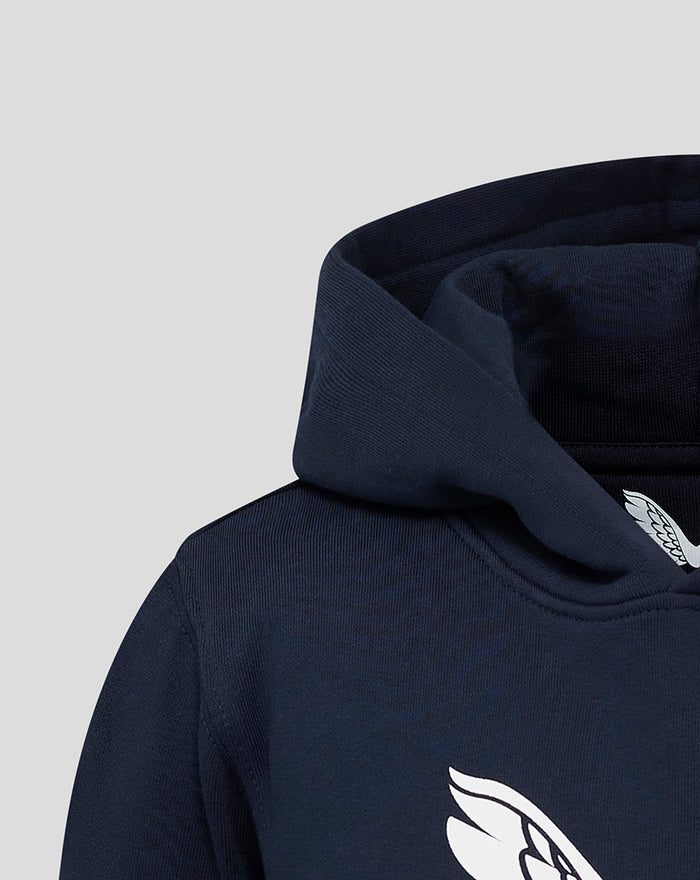 Navy hoodie with folded hood and a white Castore wing logo on the front