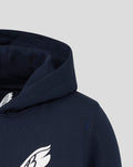 Close-up of navy hoodie hood showing soft fabric and partial white Castore wing logo